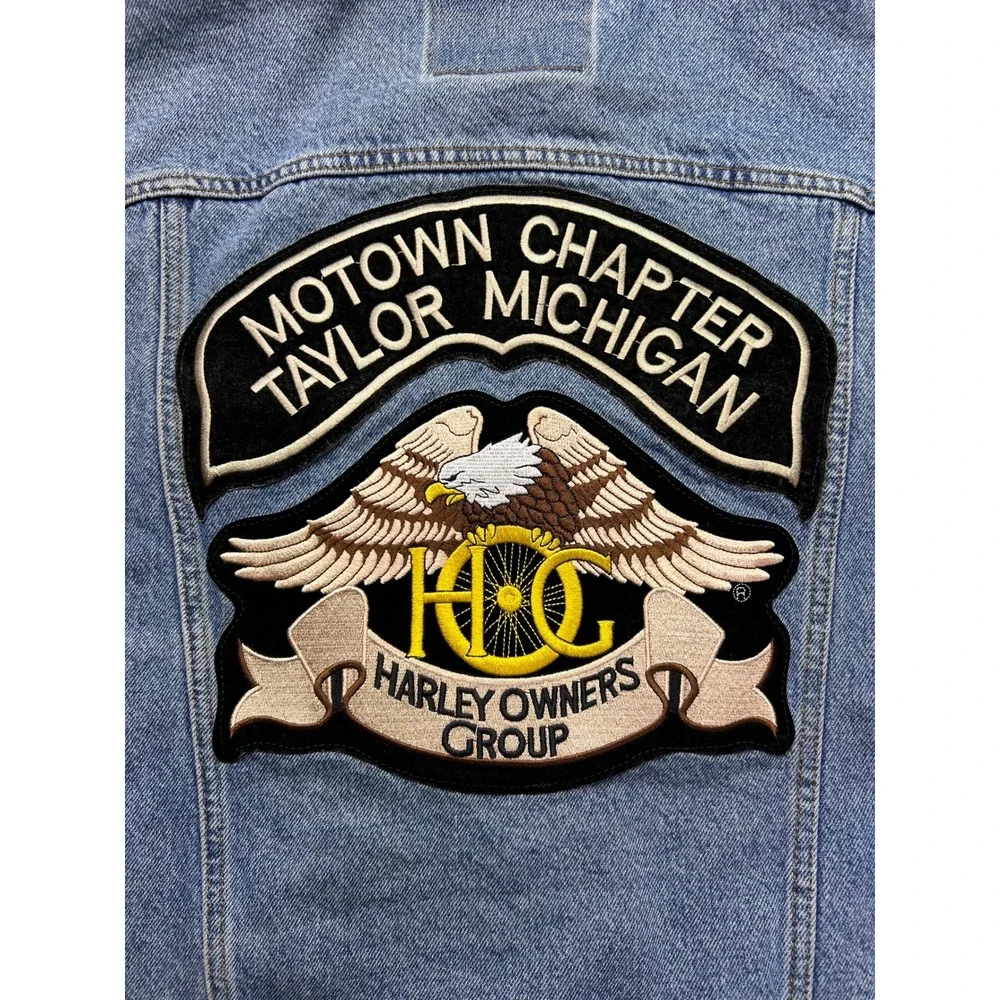 Levi's 2002 Denim Trucker Vest L Harley HOG Motown Chapter Taylor MI Biker Patch